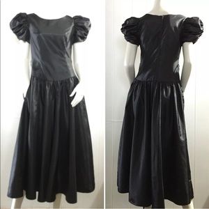 Vtg 80s Lanz Moire drop waist puff sleeve tea